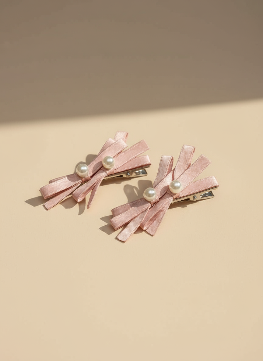 Two pink hair bows with layered bows and pearl centers on a beige background