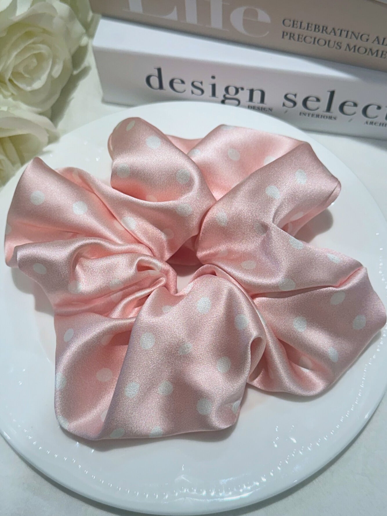 Large Dahlia Polka Mulberry Silk Scrunchies