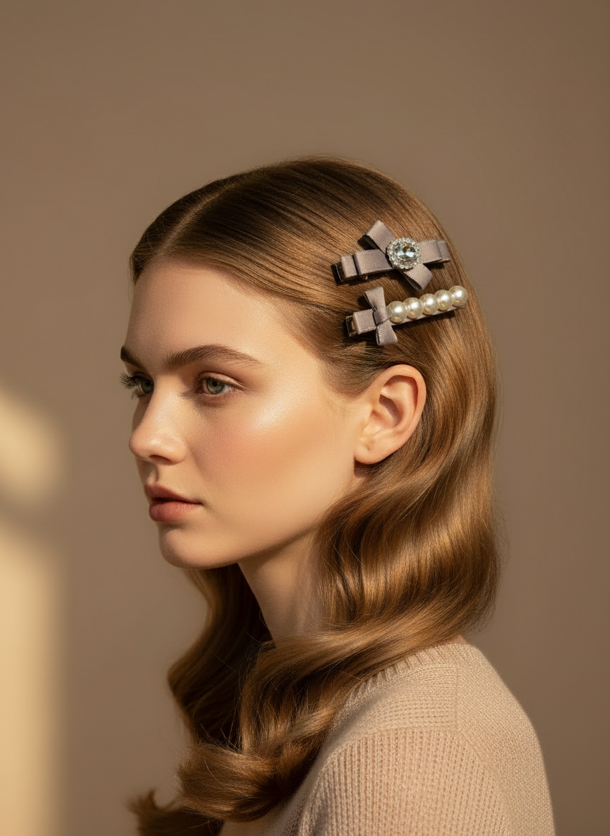 Woman with Set of ribbon bow hair clips with Swarovski crystals and pearls  on a beige background