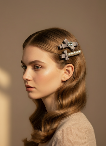 Woman with Set of ribbon bow hair clips with Swarovski crystals and pearls  on a beige background