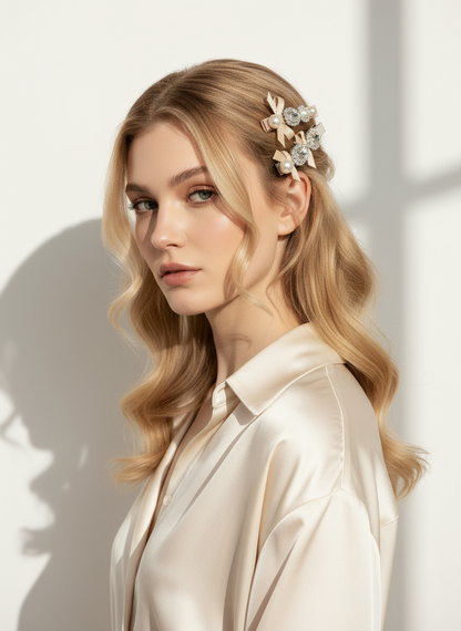 Woman with set of pink hair clips with bow, ribbon, pearls and Swarovski crystals details wearing a light-colored blouse against a neutral background, the clips perfectly hold her hair