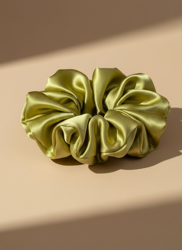 Light champagne mustard handcrafted 30mm mulberry silk scrunchie on a beige background