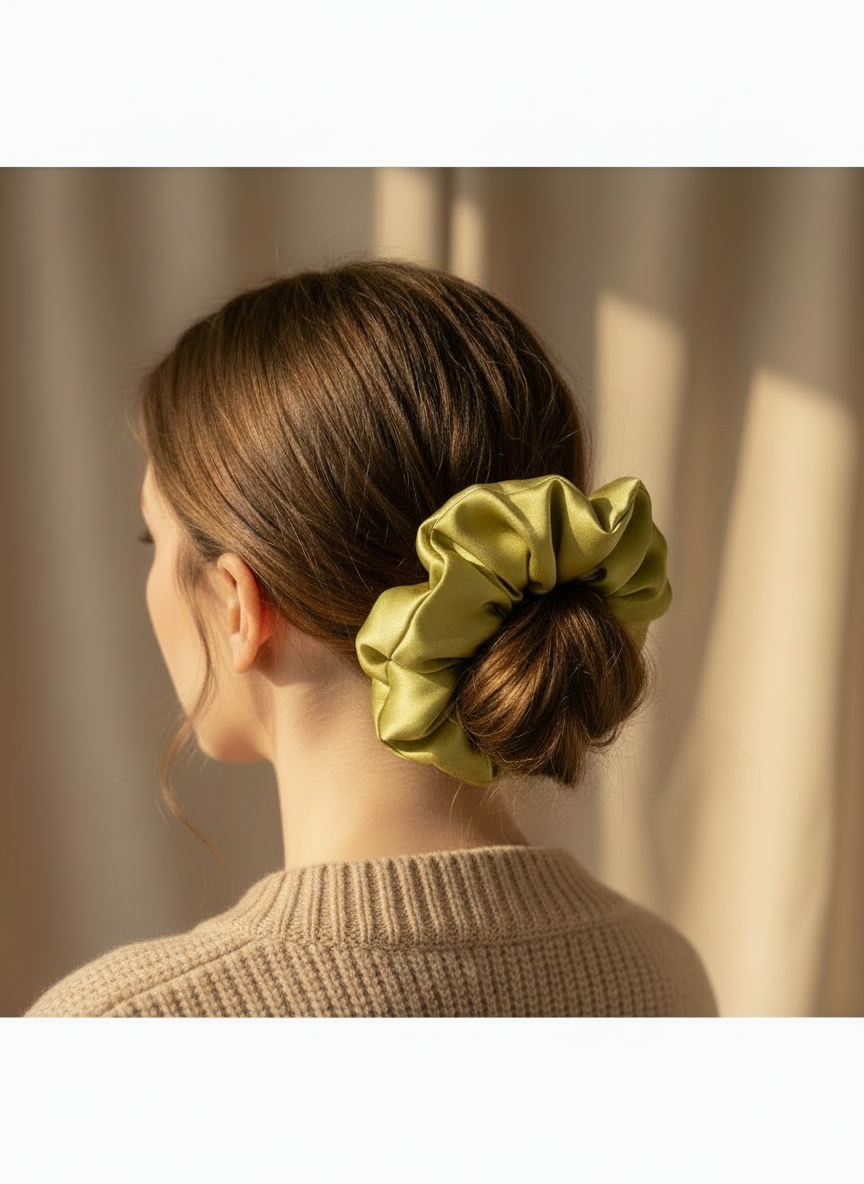Person with a Light champagne mustard handcrafted 30mm mulberry silk scrunchie in their hair against a neutral background