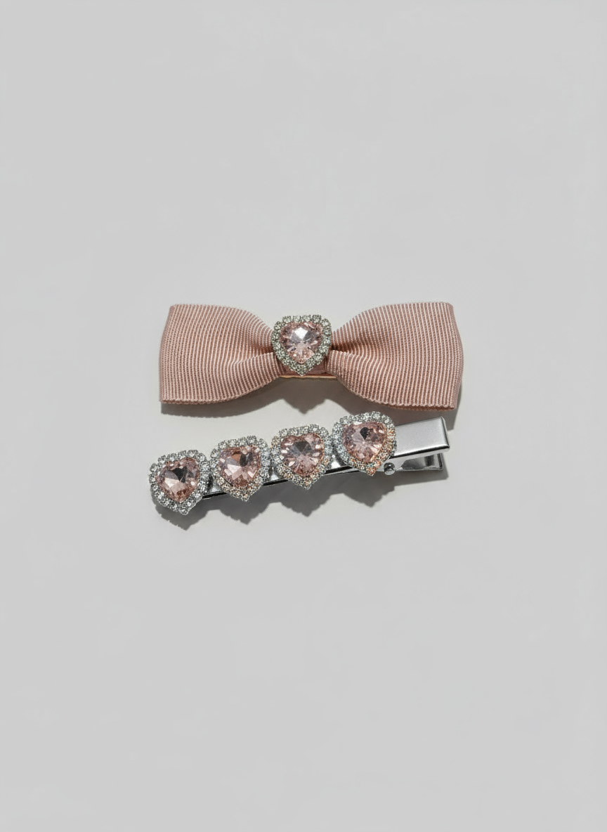 Pink bow hair clip with Pink bow hair clip with Blue bow hair clip with pink ribbons and pink heart shape Swarovski crystals  on a light gray background