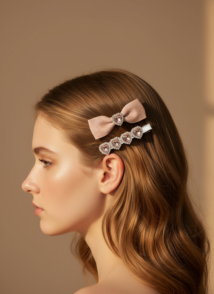 Woman with Pink bow hair clip with pink bow hair clip with pink ribbons and pink heart shape Swarovski crystals  featuring a bow and crystals on a beige background