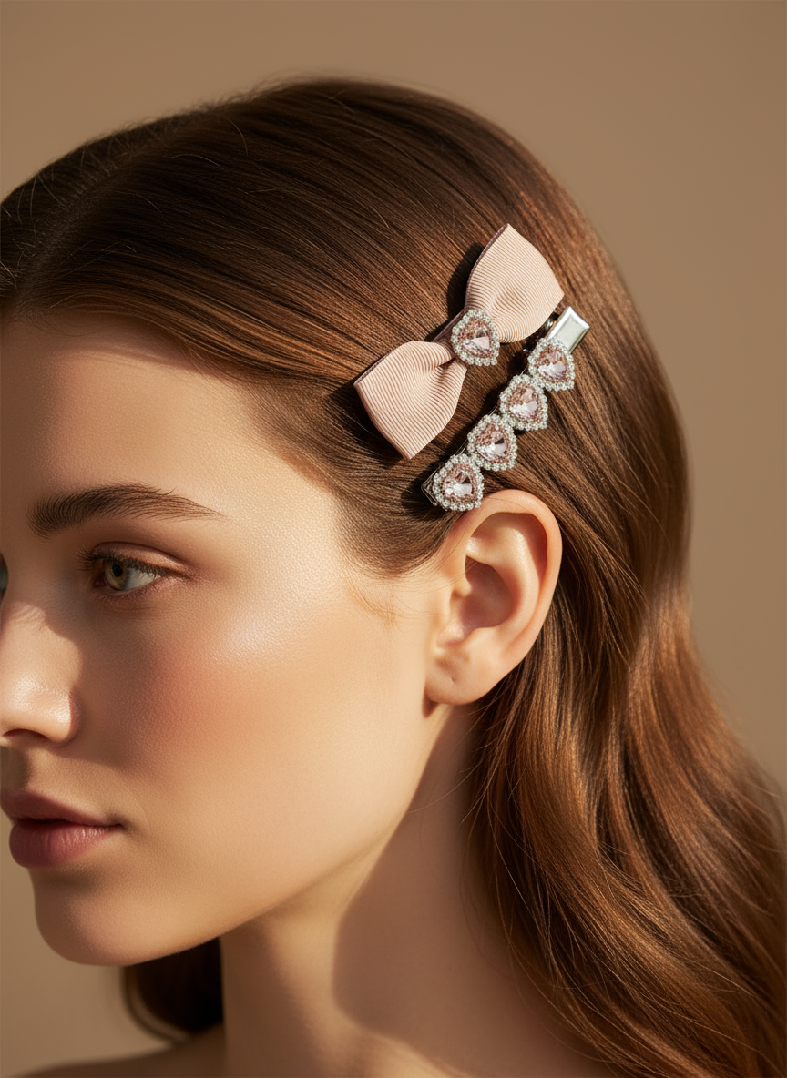 Woman with a Pink bow hair clip with pink bow hair clip with pink ribbons and heart shape Swarovski crystals  featuring a bow and crystals on a neutral background