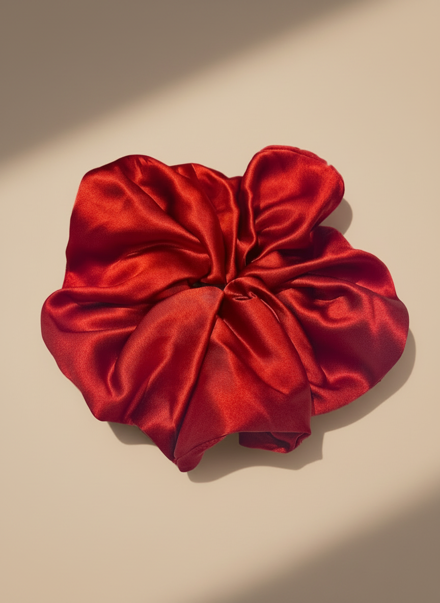 Red handcrafted 30mm mulberry silk scrunchie on a beige background