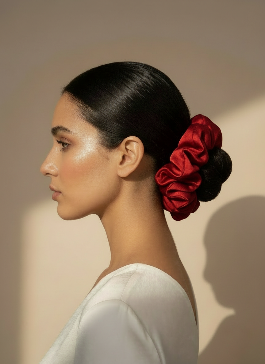 Woman with a Red handcrafted 30mm mulberry silk scrunchie in her bun against a neutral background