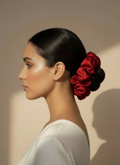 Woman with a Red handcrafted 30mm mulberry silk scrunchie in her bun against a neutral background