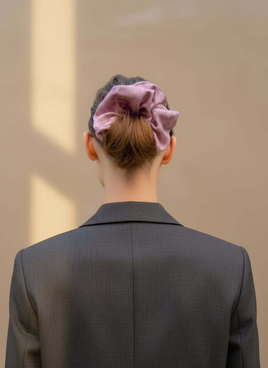 Person wearing a gray suit with a Pink handmade rose aromatic scented mulberry silk scrunchie against a beige wall