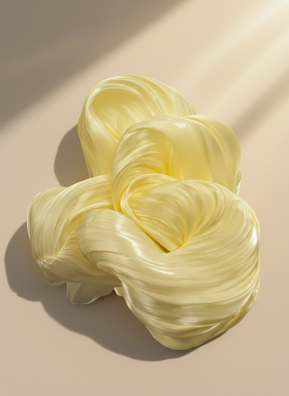 yellow organza scrunchie on a beige background, only at petite murmure