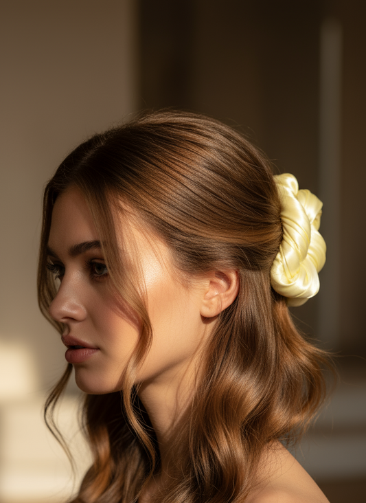 Woman with wavy hair wears a yellow waevy organza scrunchies  against a blurred background, only at petite murmure