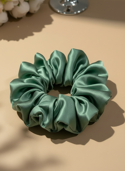Green handcrafted 30mm luminious mulberry silk scrunchie on a beige surface