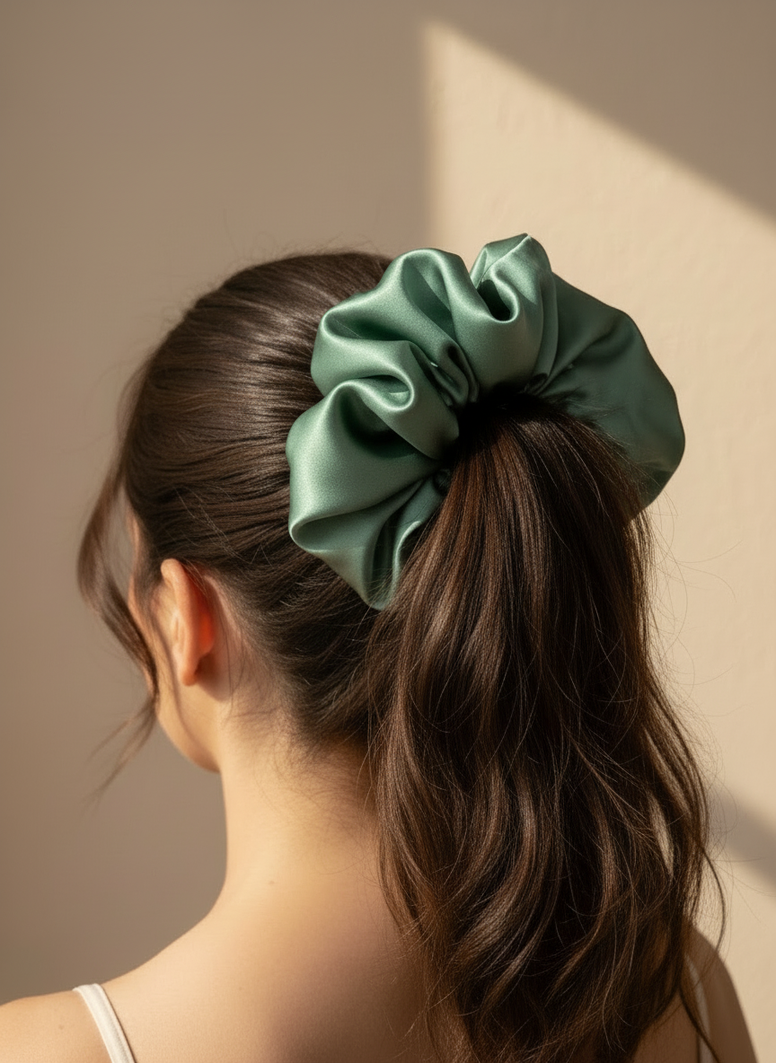 Person with a Green handcrafted 30mm luminous mulberry silk scrunchie in their hair against a beige background