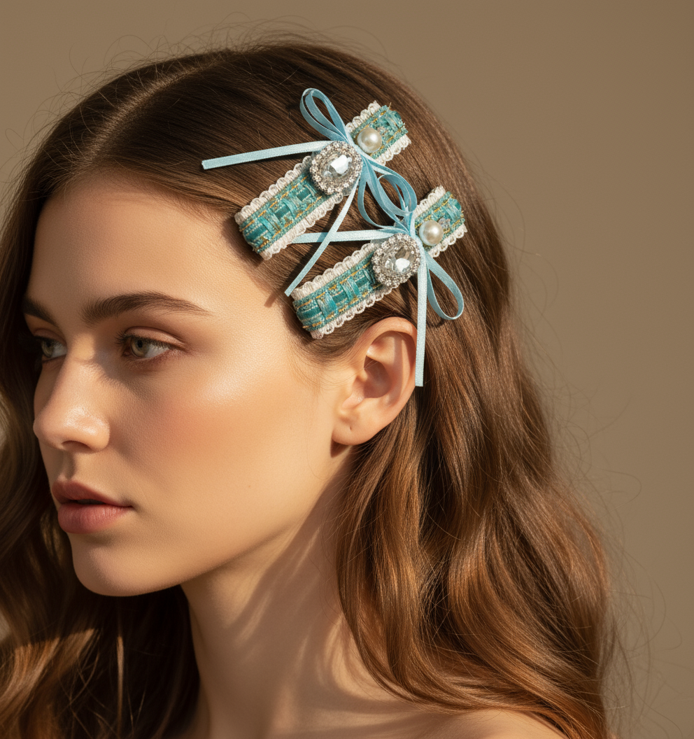 Pince à cheveux en tweed avec nœud orné de bijoux