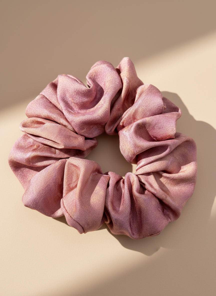 Pink handmade mulberry silk scrunchie with peony aroma scent on a beige background