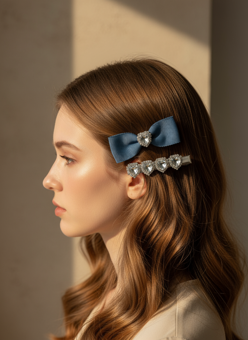 Woman with a blue hair bow and blue ribbons and heart shape Swarovski crystals  against a neutral background