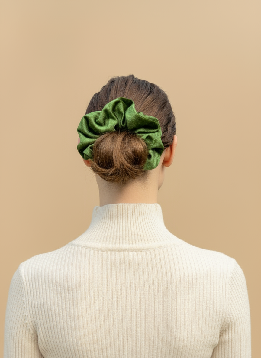 Person wearing a green Handmade Green Tea Scented Mulberry Silk Scrunchies in their hair against a beige background