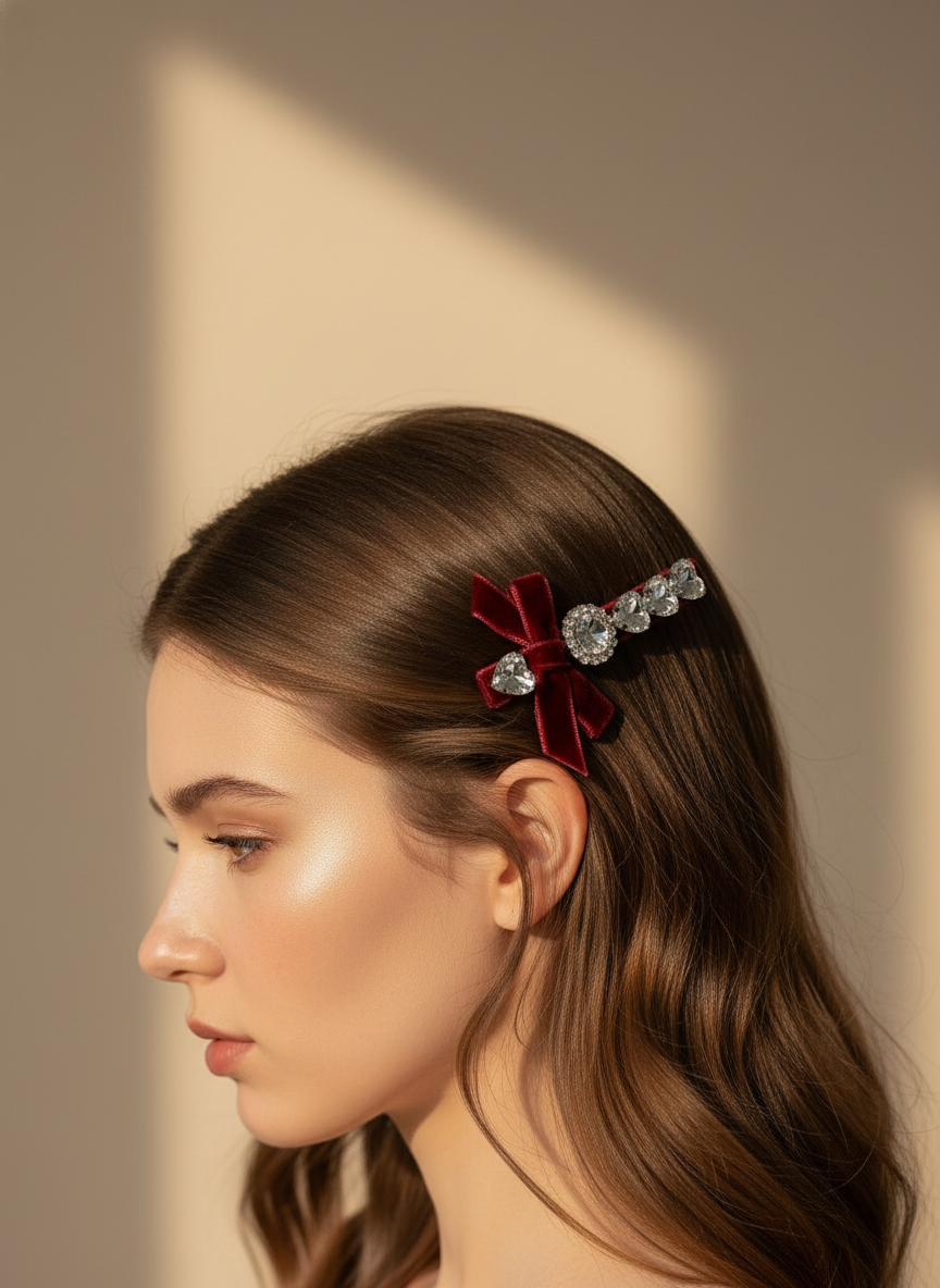 Woman with Two red velvet hair clips with Swarovski crystal stones in her hair against a neutral background