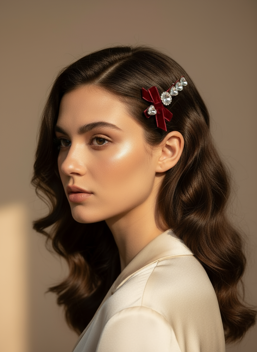 Woman with wavy hair wearing a decorative red velvet hair clips with Swarovski crystal stones against a neutral background to elevate her hair style