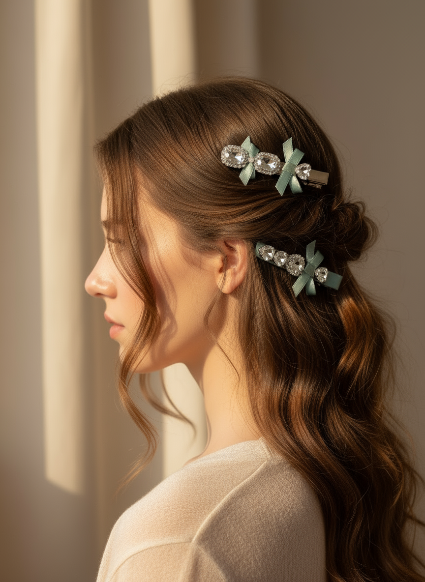Woman with styled hair featuring decorative hair clips with ribbons and Swarovski crystals against a neutral background
