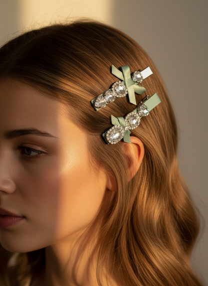 Woman wearing decorative green hair clips with Swarovski crystals and ribbons on a neutral backgrounds elevated