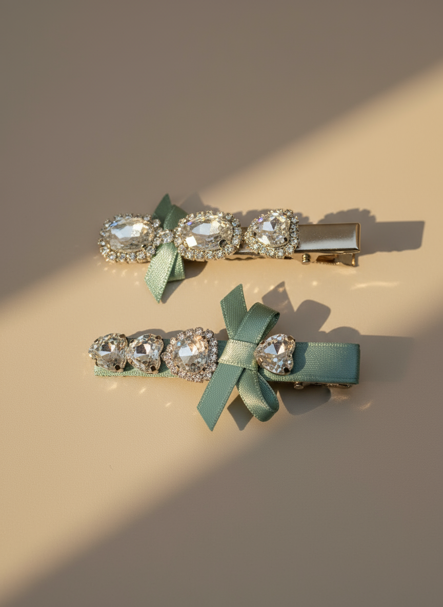 Two decorative hair clips with aqua-green ribbons and Swarovski crystals on a beige background.