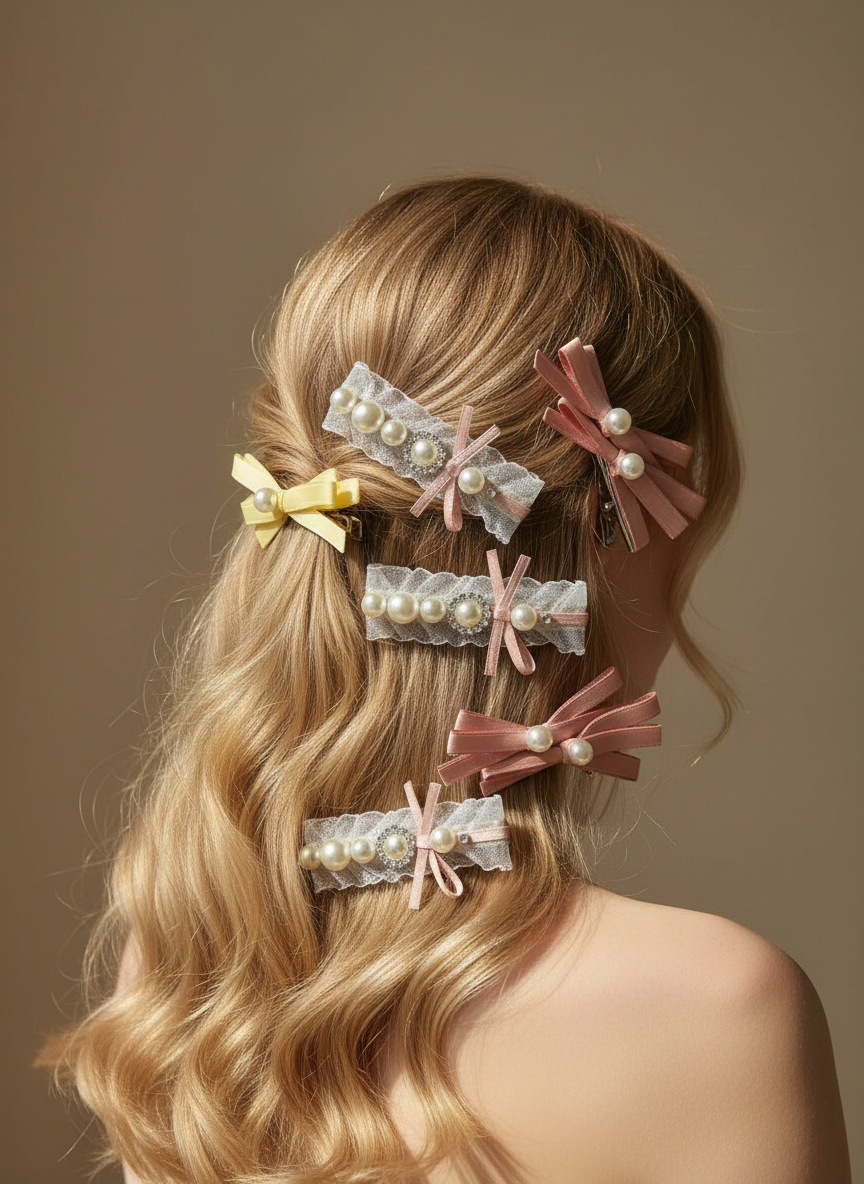 Woman with styled hair wearing decorative hair clips with  pearls and organza on a beige background