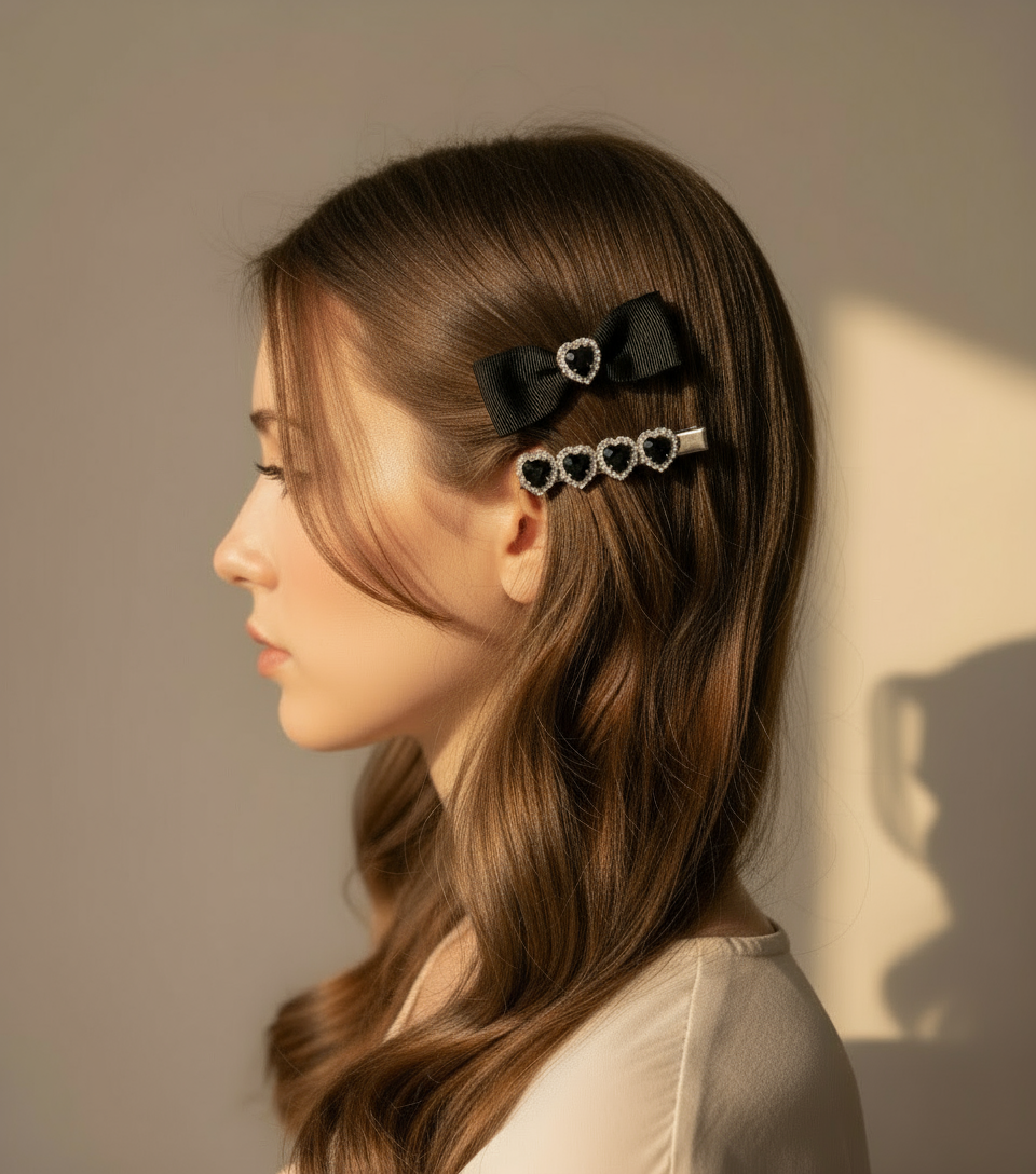 Woman with styled hair featuring Set of hair accessories including a hair clip with black ribbons and heart shaped Swarovski crystals.  Black hair bow with heart-shaped gemstones  against a neutral background