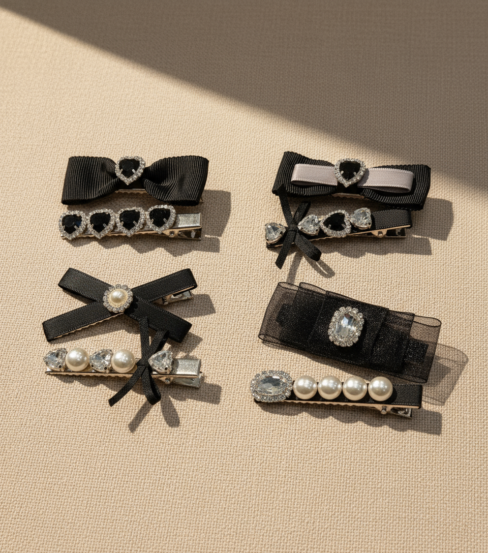 Set of decorative hair clips with Swarovski crystals , bows and pearls on a beige background