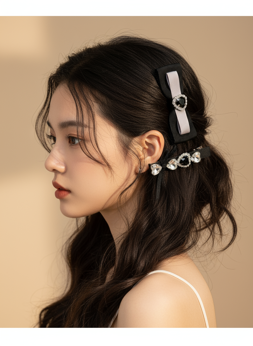 Woman with elegant Two black hair bows with heart-shaped Swarovski crystal centered hair clips on a beige background