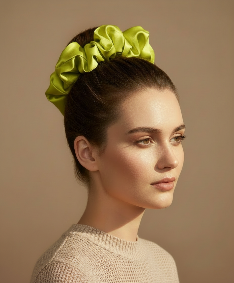 Woman wearing a large Neon Green handcrafted 30mm mulberry silk scrunchie in her hair against a beige background