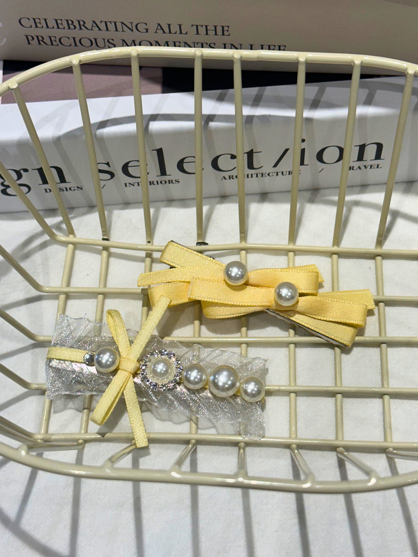 set of Yellow hair bows with pearl details and organza