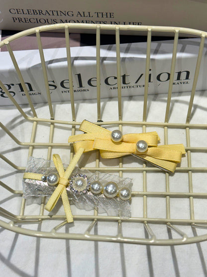 set of Yellow hair bows with pearl details and organza