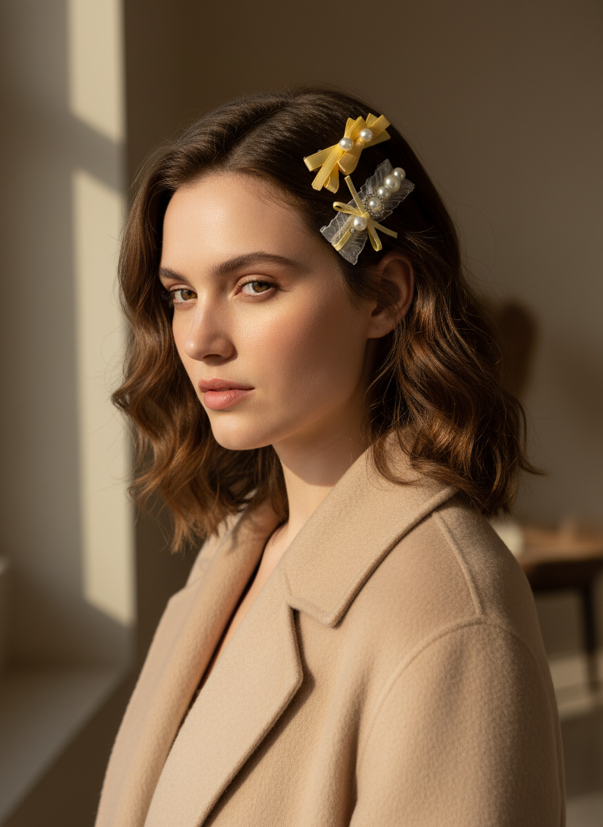 Woman wearing a beige coat with yellow bow hair clips with organza and pearls indoors