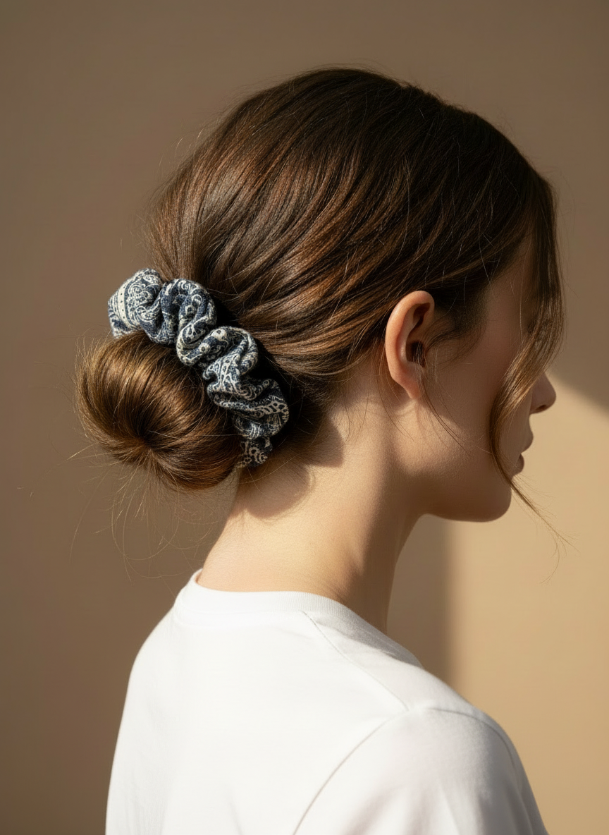 Small Japanese Denim Prints Scrunchie