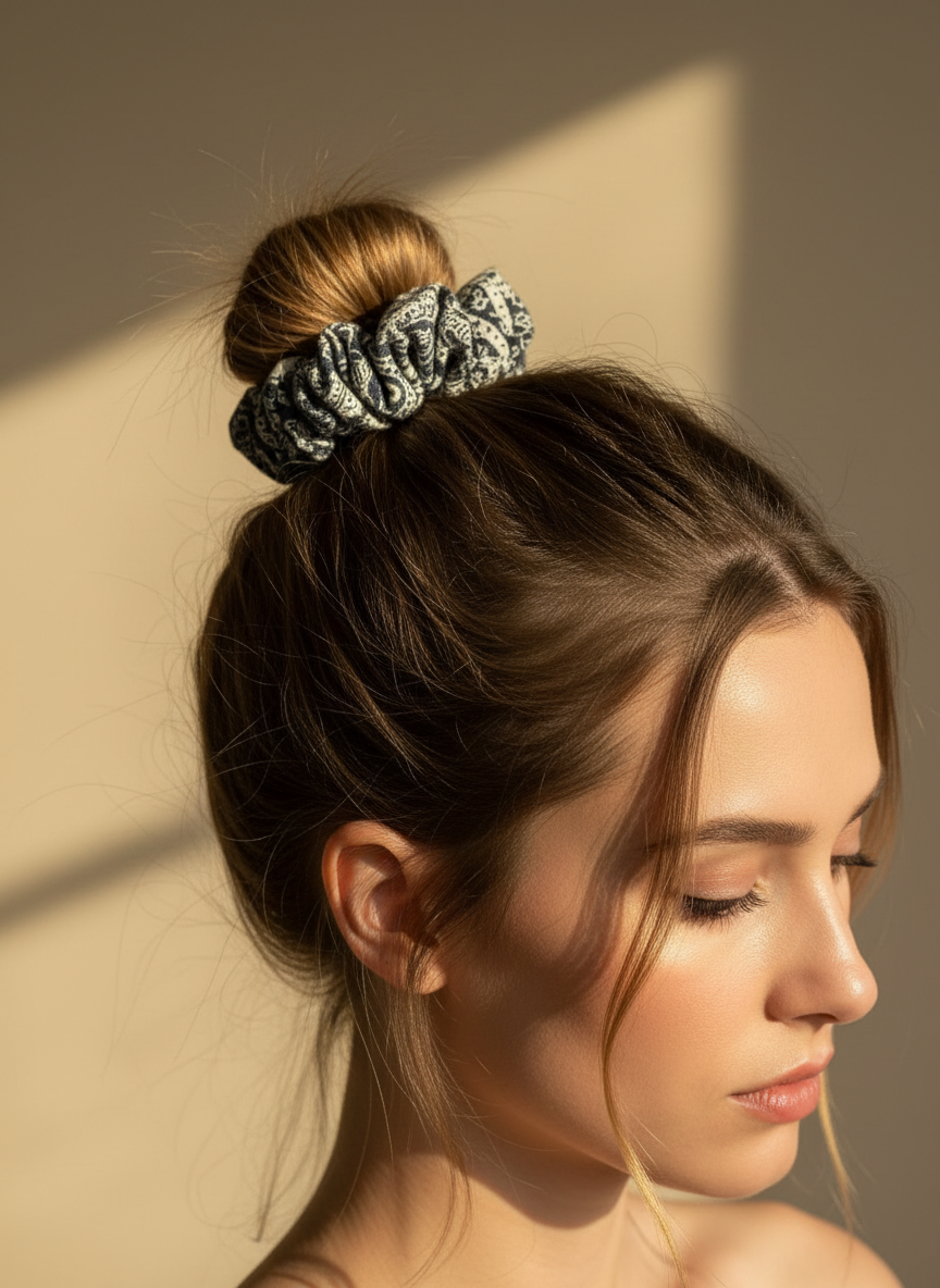 Small Japanese Denim Prints Scrunchie