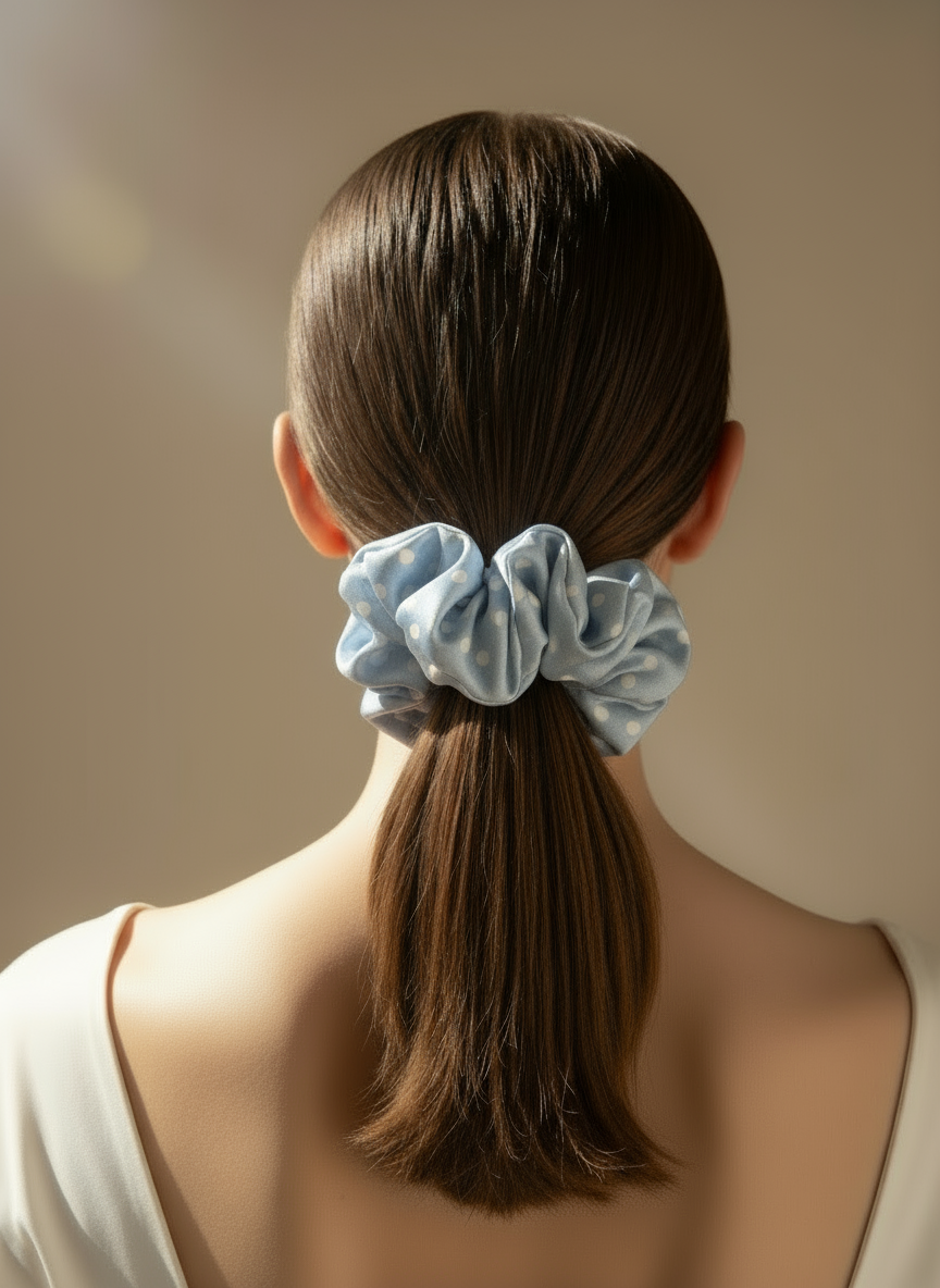 Person with a Babyblue handcrafted 30mm mulberry silk scrunchie with white polka dots in a low ponytail against a neutral background
