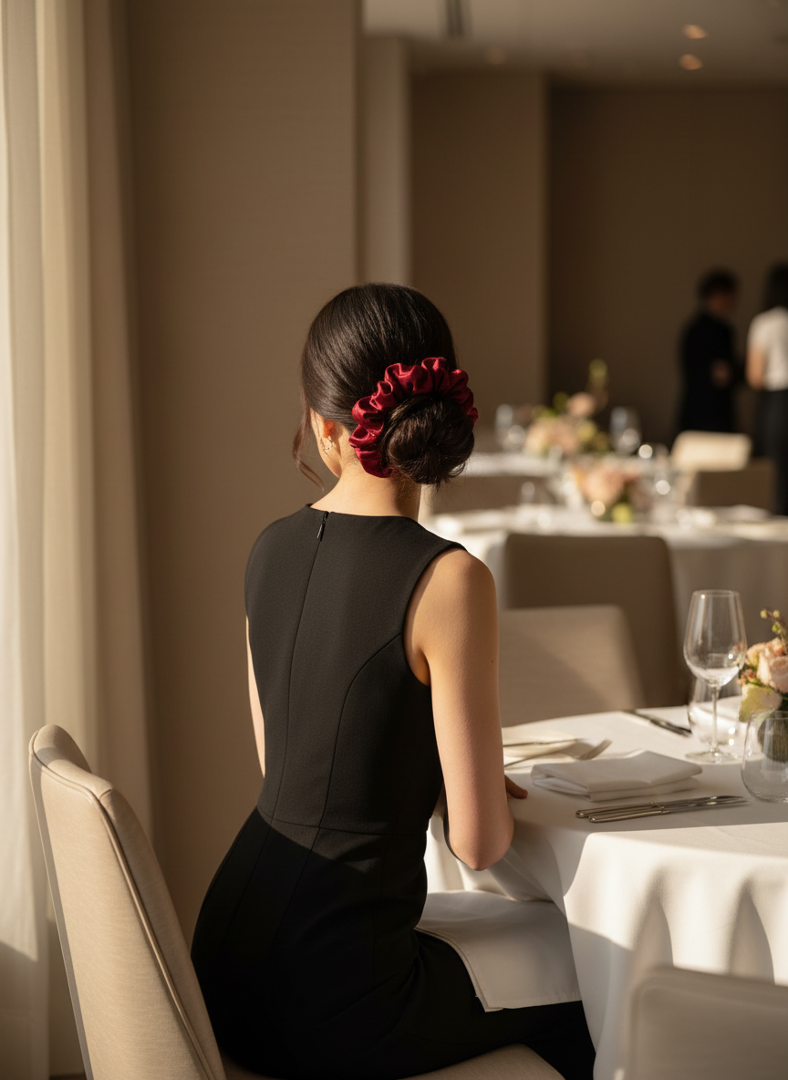 Woman in a black dress sitting at a table in a formal setting with True red handmade rose aromatic scented mulberry silk scrunchie in her bun