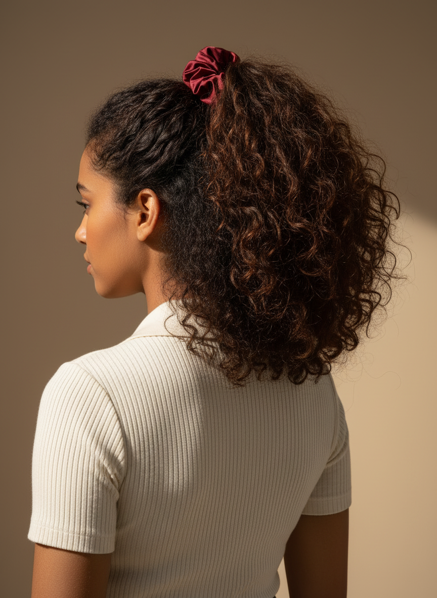Woman with styled hair in a ponytail with True red handmade rose aromatic scented mulberry silk scrunchie against a beige background