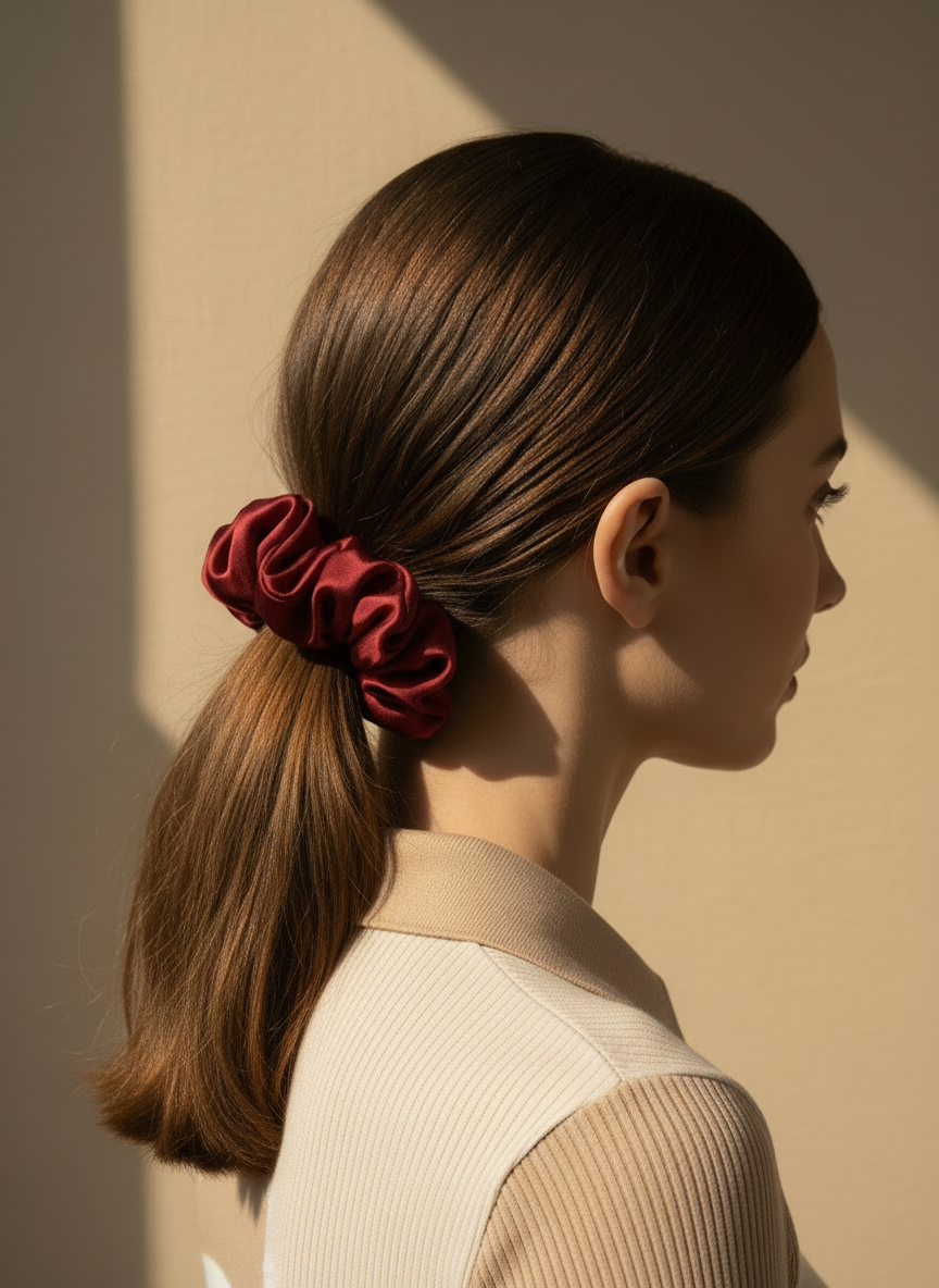 Small Rose Scented Bordeaux Silk Bloom Scrunchie