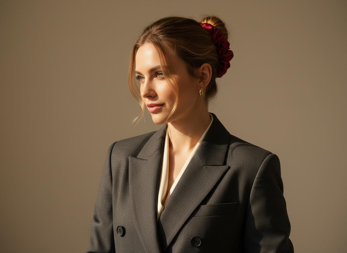Woman wearing a gray blazer and true red handmade rose aromatic scented mulberry silk scrunchie against a beige background