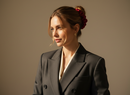 Woman wearing a gray blazer and true red handmade rose aromatic scented mulberry silk scrunchie against a beige background