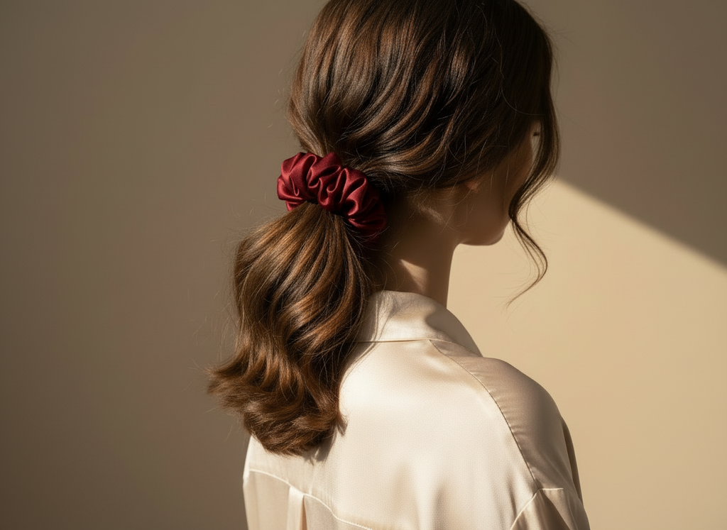 Small Rose Scented Bordeaux Silk Bloom Scrunchie