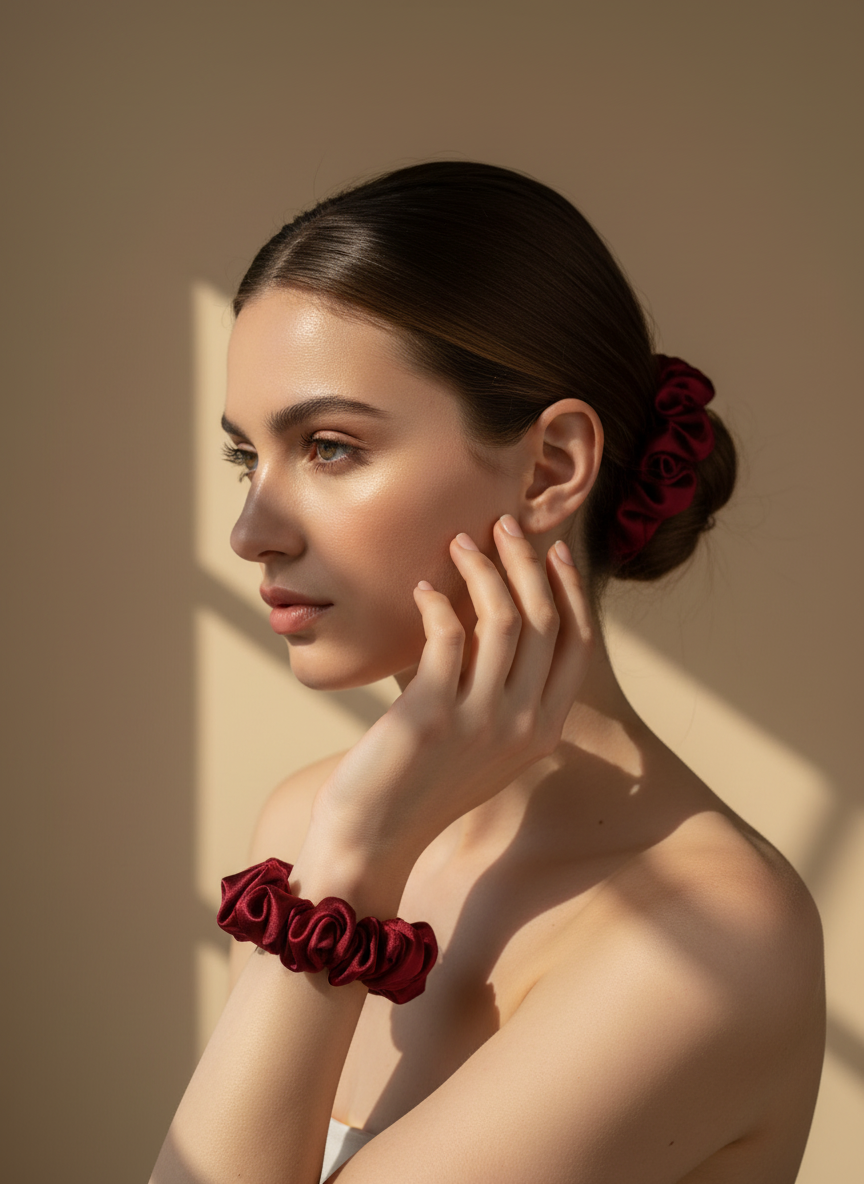 Small Rose Scented Bordeaux Silk Bloom Scrunchie