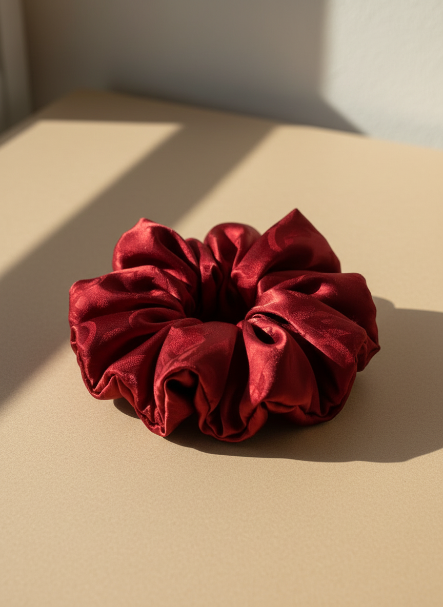 True red handmade rose aromatic scented mulberry silk scrunchie on a beige surface with soft shadows