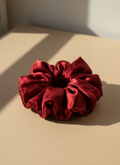 True red handmade rose aromatic scented mulberry silk scrunchie on a beige surface with soft shadows