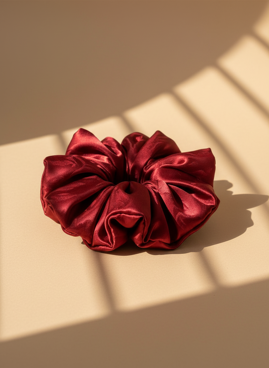 True red handmade rose aromatic scented mulberry silk scrunchie  on a beige background with shadows