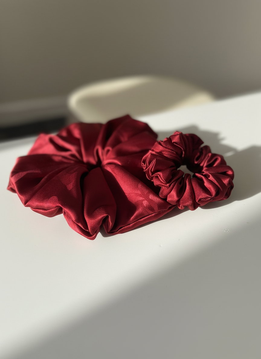 Two True red handmade rose aromatic scented mulberry silk scrunchies on a light surface with a neutral background