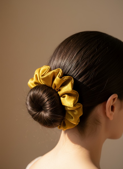 Green Tea Scented Yellow Gold scrunchie in a bun on a neutral background,handmade silk scrunchie